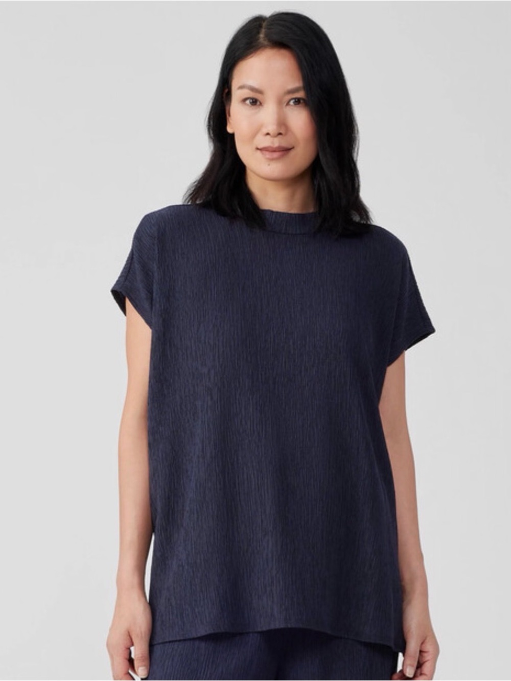 Eileen Fisher Woven Plissé Mock Neck Top